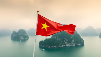 A vietnamese flag waving in the wind with islands and water in the background on a cloudy day