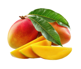 Two ripe mangos, one whole, one sliced, with vibrant colors and lush green leaves.  The whole mango is a blend of deep red and orange-yellow; the slices show a bright, golden yellow interior