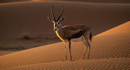Elegant Arabian Oryx Standing on a Sand Dune in the Desert.