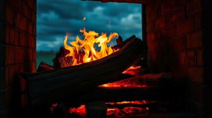 Obraz premium crackling fire in a rustic fireplace