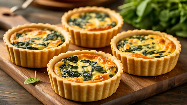 Delicious homemade mini spinach quiches with a golden flaky crust, presented on a rustic wooden board as a perfect savory appetizer