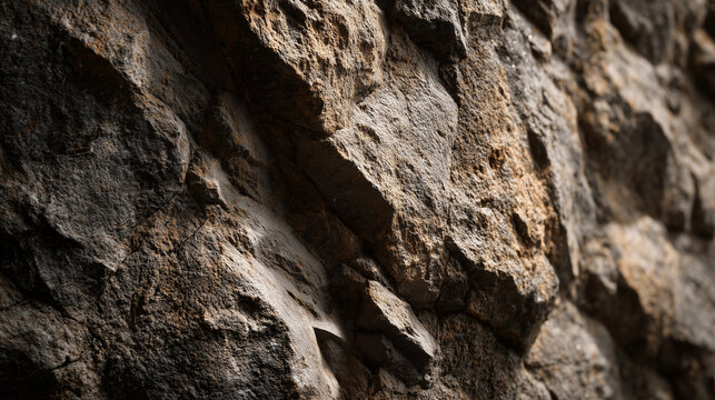 A close up view of a rock face with varied textures and light patterns