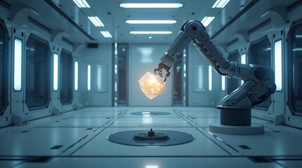 A pristine, scientific clean room with a single, robotic arm delicately handling a floating, glowing crystal.