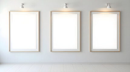 Three vertical blank canvases hanging on gallery wall with spotlights illuminating artwork