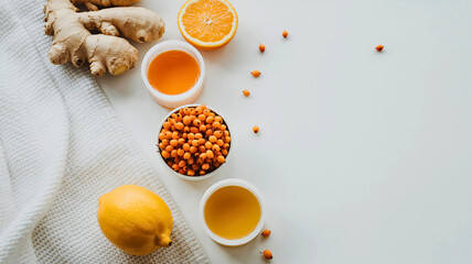 Top view flat lay of fresh ingredients for a healthy immune-boosting remedy, featuring ginger, lemon, orange, and sea buckthorn berries on a white surface