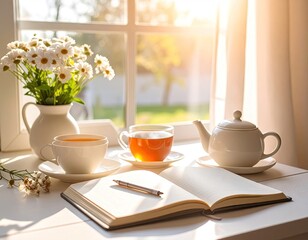 Obraz premium Sunlit Morning Tea Ritual: Minimalist Still Life with Daisies and Journal
