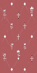 Repeating pattern on red white crosses, simple flowers on stems, & diamonds, all spaced evenly with diagonal lines creating geometric shapes