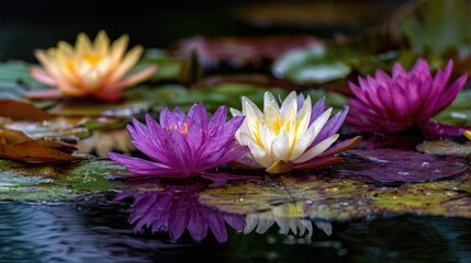 Serene Lotus Blooms: Five vibrant lotus flowers, reflecting in the still water, create a scene of natural beauty and tranquility. A perfect representation of calm and serenity in nature.