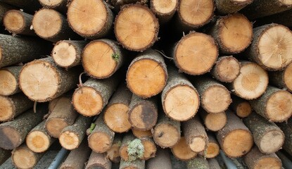 Top-down view of neatly stacked logs at a lumberyard, showing detailed annual rings, bark texture, natural wood color variations, and industrial steel support structures &ndash; ideal for timber and lumber