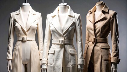 Three Belted Coats in Cream Beige and White on Mannequins
