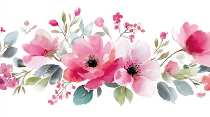 Blossom Border: Soft watercolor of a beautiful array of pink flowers forms a stunning border perfect for various design needs, conveying delicate beauty and natural elegance.