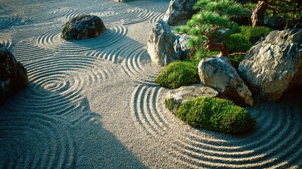 Zen Garden Serenity: Serene view of a classic rock garden with raked sand, tranquil stones and soft moss, creating a meditative oasis.