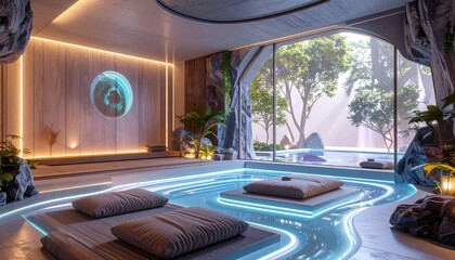 Fototapeta premium Tranquil Forest Meditation Room Digital Art with Glowing Light Rays