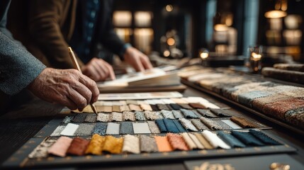 Interior designers at work brainstorming for a new project at office, discussing color palettes and design ideas, taking notes