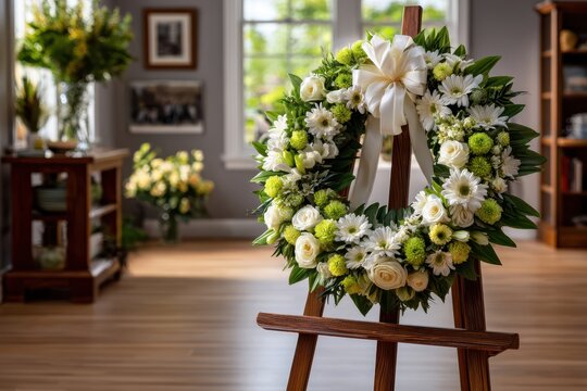 A floral wreath on an easel symbolizes sympathy and remembrance in a somber setting
