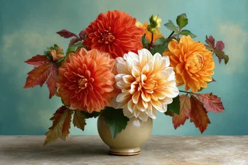 Stickers Bloemenwinkel A bouquet of orange and white dahlias in a vase creates a beautiful floral arrangement  © JARA