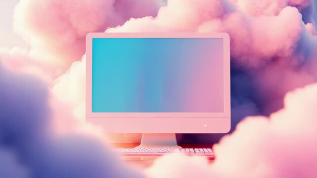 Pink desktop computer floating in dreamy clouds with pastel colors