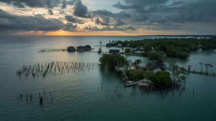 Sunset illuminating tropical island resort with overwater bungalows and piers