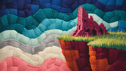 A vibrant landscape with a red rock formation on a grassy cliff edge