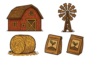 Farm and agriculture icon set. Rustic vector illustrations of a barn, windmill, hay bale, and seed packets. Classic country farming elements in a vintage cartoon style.