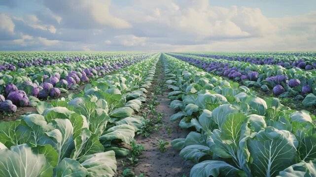A cabbage field with rows of green and purple cabbages