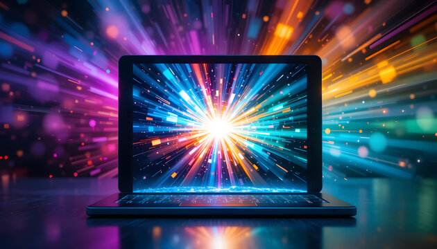Vibrant digital laptop display bursts with energy and futuristic light trails for high tech business presentations.