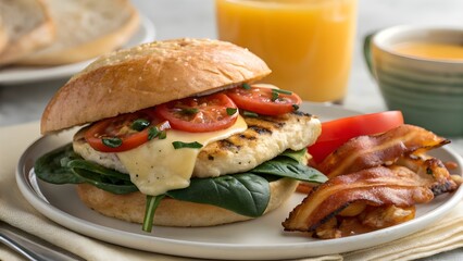 Savory Classic Chicken And Cheese Breakfast Sandwich With Fresh Spinach, Juicy Tomato, And Melted Cheese, Highlighting A Wholesome Morning Meal Full Of Flavor And Comfort