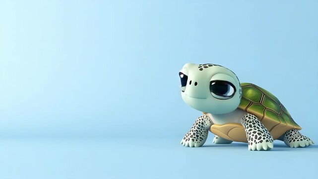 Minimal cartoon turtle with big eyes on a light sky blue background