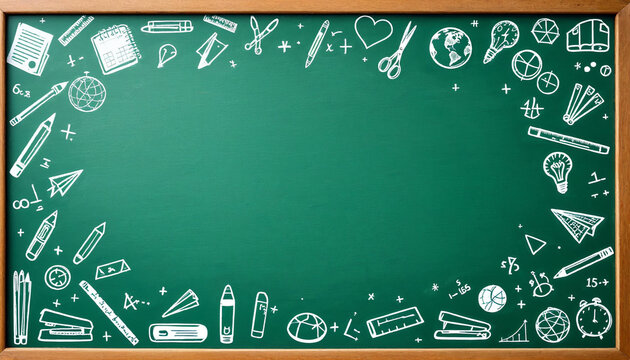 Digital illustration of green chalkboard with white chalk school supply doodles