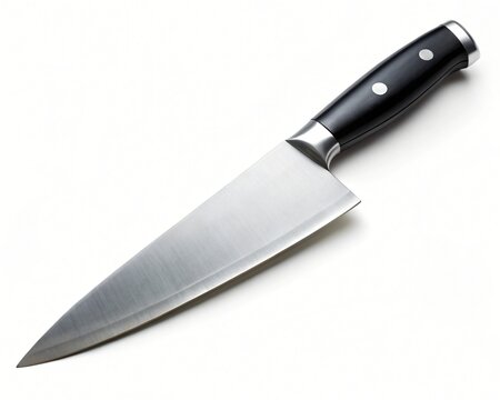 Chef's knife with stainless steel blade and black handle on white background High resolution image