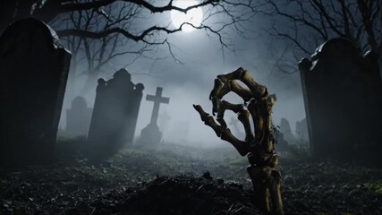 A Haunted graveyard on Halloween night as a skeleton hand reaches out from the grave - Powered by Adobe
