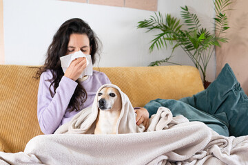 Sick woman blowing nose on sofa with dog, seasonal flu or allergy