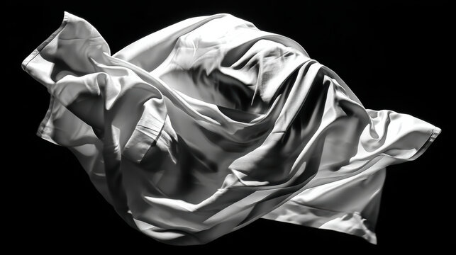 Billowy fabric floating cloth white textile abstract drapery soft folds silk texture black background studio light elegant wave motion freeze blends serenity and drama in minimalist scene