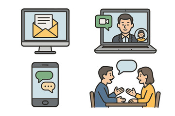 Set of business communication icons. Modern work methods concept. Includes video call, online meeting, email, smartphone chat and in-person conversation. Vector illustration.
