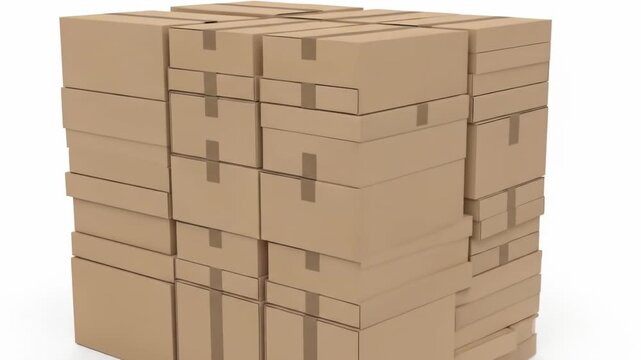 An organized arrangement of numerous cardboard boxes, stacked high and sealed with tape, creating a block-like structure against a white background