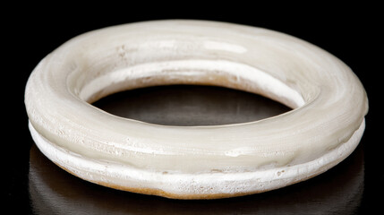 Glazed donut with white icing ringed like planet, hyperreal food art with glossy texture and fine detail, whimsical dreamlike mood evoking surreal confectionery