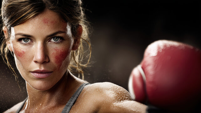 Athletic female boxer with bruised cheeks and sweat on skin wearing red boxing glove in gritty underground fight scene full of intensity - Powered by Adobe