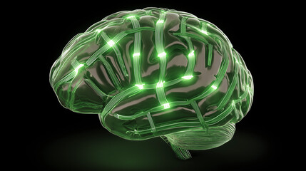 A translucent brain entwined with glowing green bioluminescent vines, pulsing with mysterious energy.