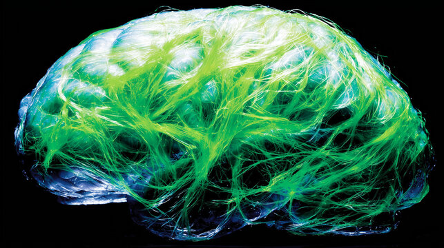 A translucent brain entwined with glowing green bioluminescent vines, pulsing with mysterious energy.