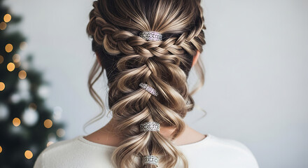 Elegant braided hairstyle adorned with sparkling embellishments, festive mood