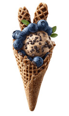 Sweet ice cream cone with blueberries and chocolate chips.  Crispy waffle cone filled with creamy ice cream, topped with fresh blueberries and chocolate chips.  