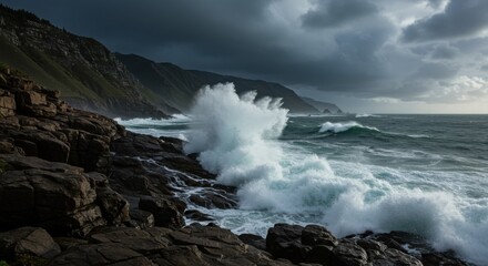 Fototapeta premium Powerful Lightning Strike Over the Ocean with Crashing Waves
