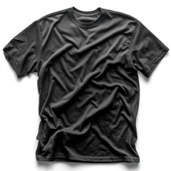 A crumpled black t-shirt is shown against a white background. Fabric folds create shadows and highlights across the garment. Wrinkles add texture and depth