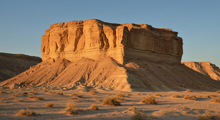 Fototapeta premium Golden hour sunlight bathes majestic desert rock formation, a stunning landscape scene