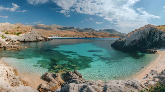 The magical beaches of Palasa, where clear blue waters meet rugged hills in a perfect fusion of nature