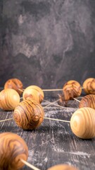 Wooden sphere mobile, dark background