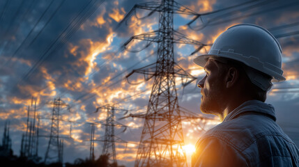 Energy Visionary: An engineer wearing a protective helmet stands as a silhouette against the dramatic skyline, gazing towards towering power lines and an electrifying sunset.