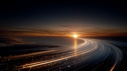 Fototapeta premium Pathway to the Horizon: An ethereal vista of light streaks stretching towards the distant sun, illustrating the journey and the boundless possibilities that await.
