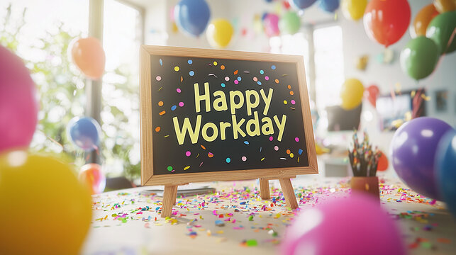 A sign with the inscription "Happy Workday" on a desk in an office around confetti and flying balloons