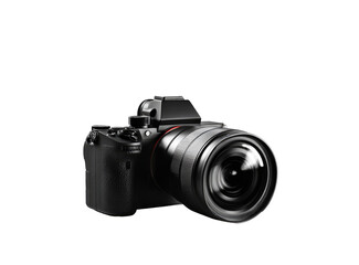 Full-frame digital camera, black,  isolated against black background,  high-quality lens